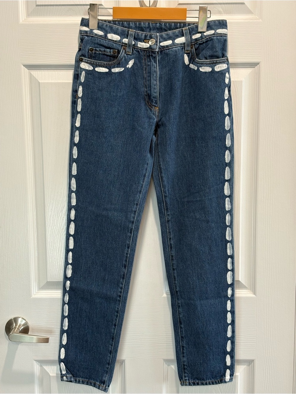 Moschino Couture Trompe L’oeil Painted Stitch Jeans, Blue, Straight Leg, IT 38